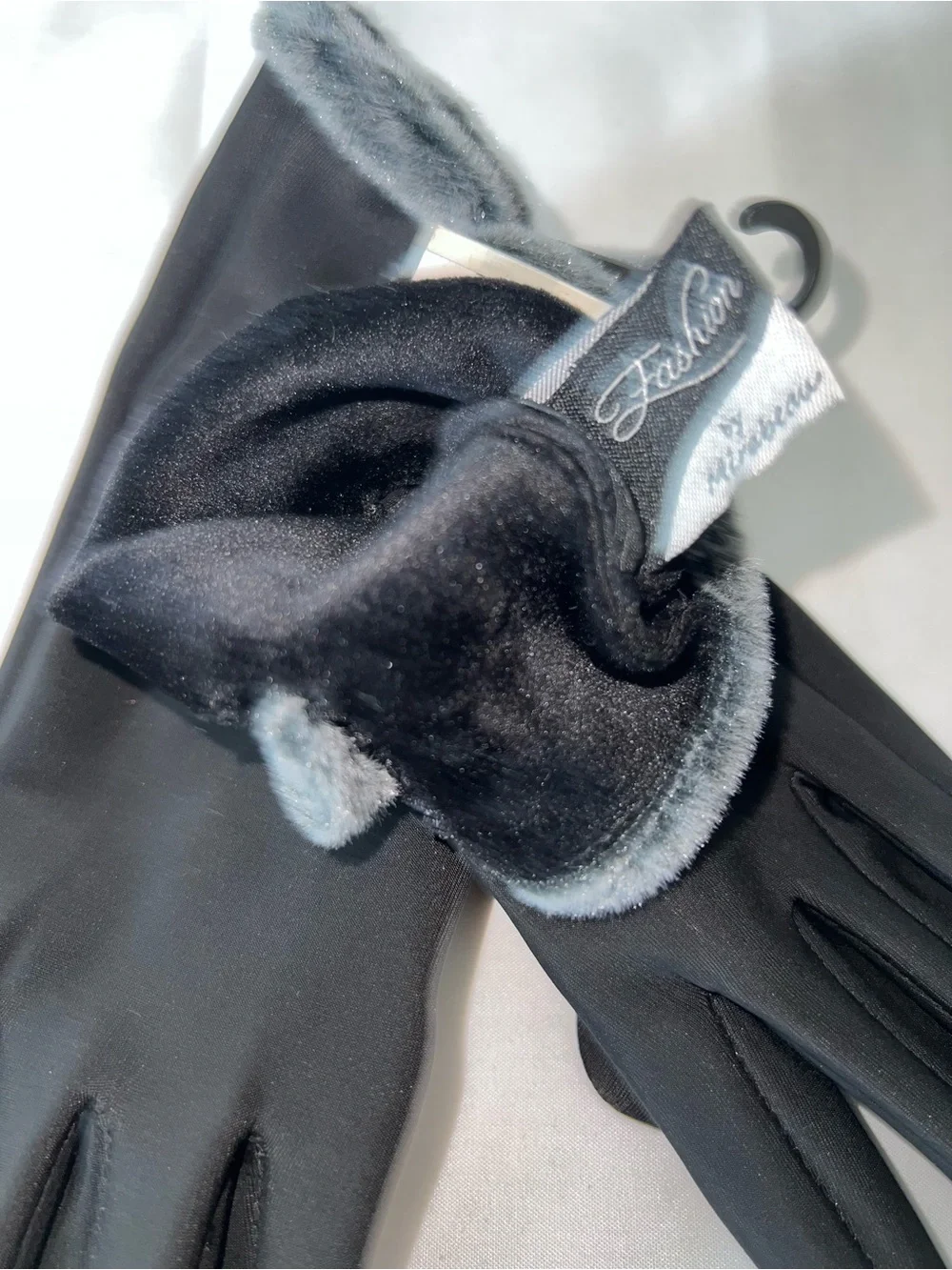 Women's Black Winter Gloves with Gray Faux-Fur Cuff and Button Trim